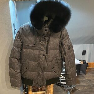 Michael Kors Collection Gray Puffer Jacket with Black Fur Hood